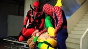 Slutty girl is fucked by two guys are the cosplay party