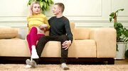 Skinny blonde and horny guy are fucking on the couch