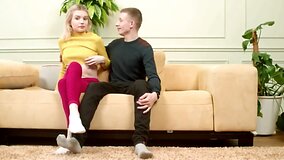 Skinny blonde and horny guy are fucking on the couch
