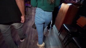Slutty girl blows a stranger and rides his dick in the pub