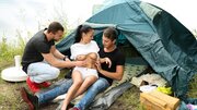 Hot babe fucked in threesome in tent by lads long dick